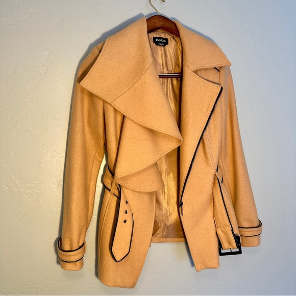 bebe Jackets & Blazers - Bebe Ruffle Collar Peacoat Camel with Belt and Faux Leather Lining